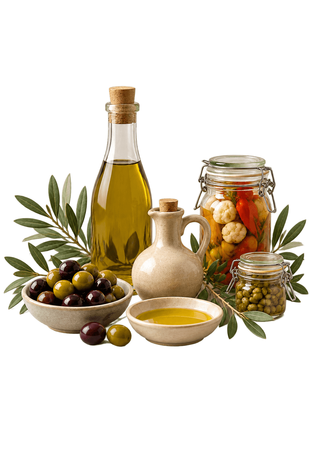 Olive oils, olives, and vegetables