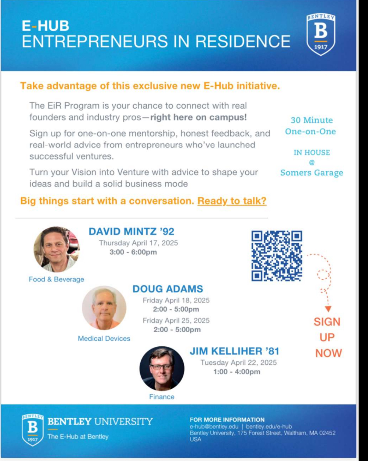 Bentley E-Hub Entrepreneurs in Residence flyer featuring David Mintz '92